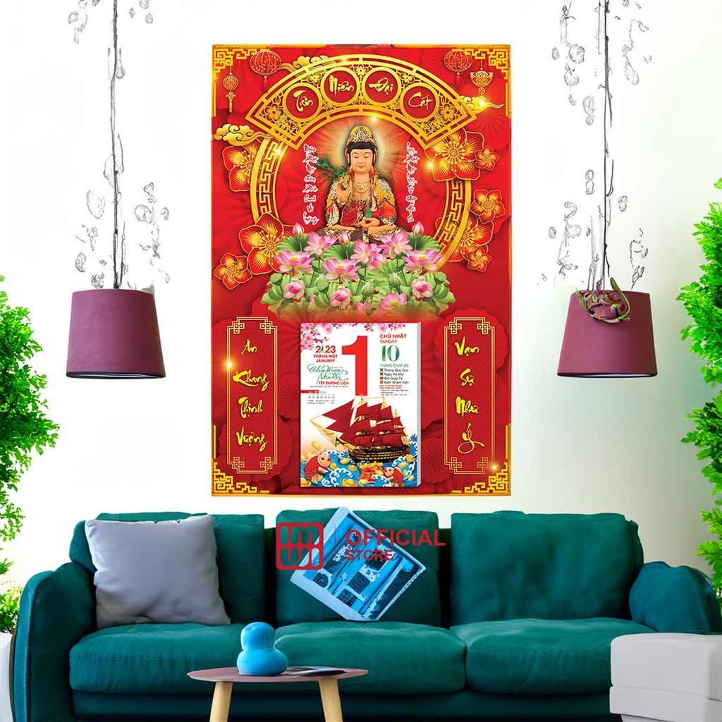 Lịch gỗ Phật giáo Quan Âm Bồ Tát 40x60cm LGV23M06