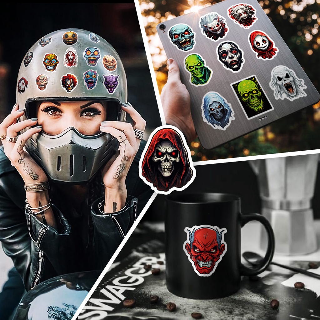 Bộ 50 Miếng Dán Trang Trí Mũ Bảo Hiểm / Bút Chì Họa Tiết Mặt Ma Kiểu halloween Cá Tính