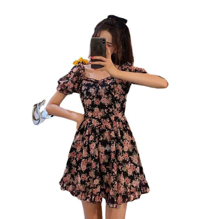 Mới Đầm Chữ a Xếp Ly Tay Phồng Cổ Vuông In Họa Tiết Hoa Phong Cách Pháp Thời Trang Mùa Hè Cho Nữ