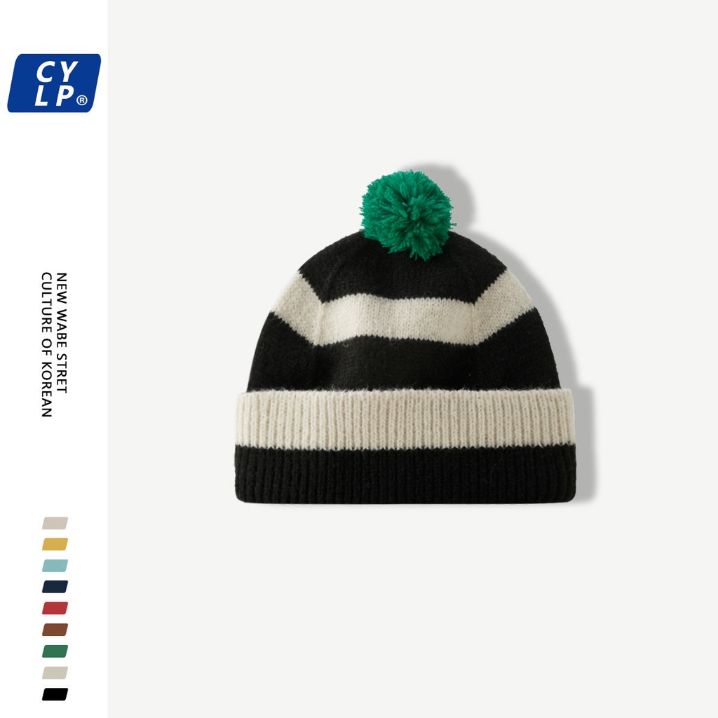 Mũ Len Kẻ Sọc Nhiều Màu Đính Quả Bông Dễ Thương Phong Cách Hàn Quốc Cho Nam Và Nữ