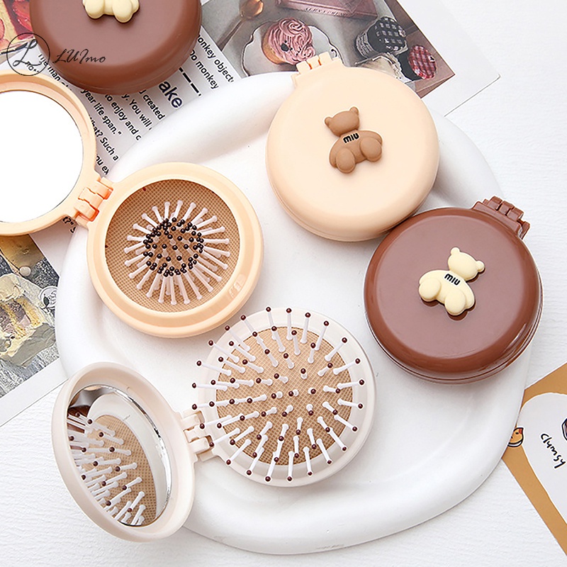 Luimo Lược Chải Tóc mini Hình Gấu Hoạt Hình Dễ Thương Có Gương Mát Xa Nhỏ Gọn Cho Bé Gái * Hàng Bán Chạy