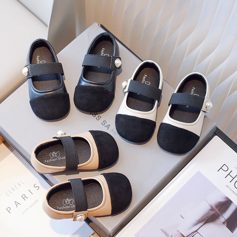 Giày đế bệt quai chun đính Ngọc tinh tế mũi tròn phối da lộn kiêu sa bé gái  - Giày búp bê mềm mại xinh xắn cho bé 818