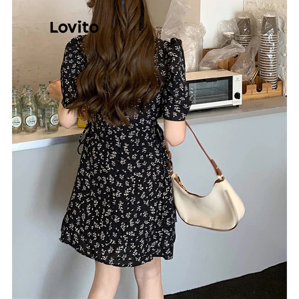 Lovito Đầm xòe tay phồng có ren hoa Ditsy giản dị dành cho nữ L71ED152