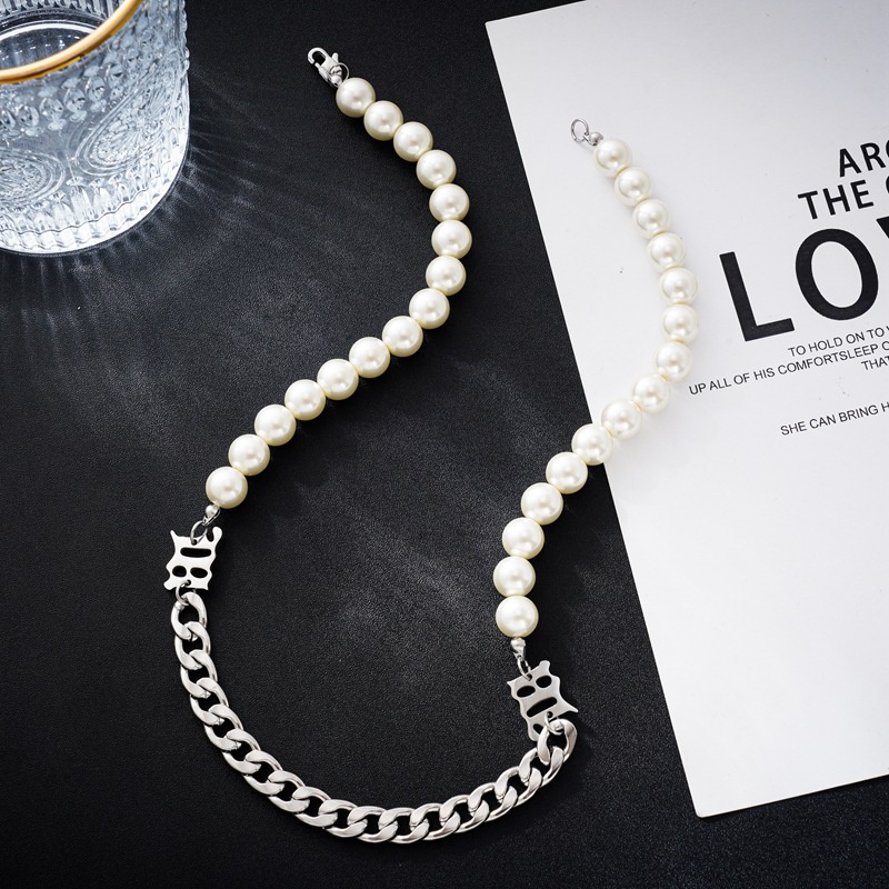 Vòng cổ Sợi Xích Đính Ngọc Trai Phong Cách hip hop Hàn Quốc Thời Trang Cho Nam Và Nữ