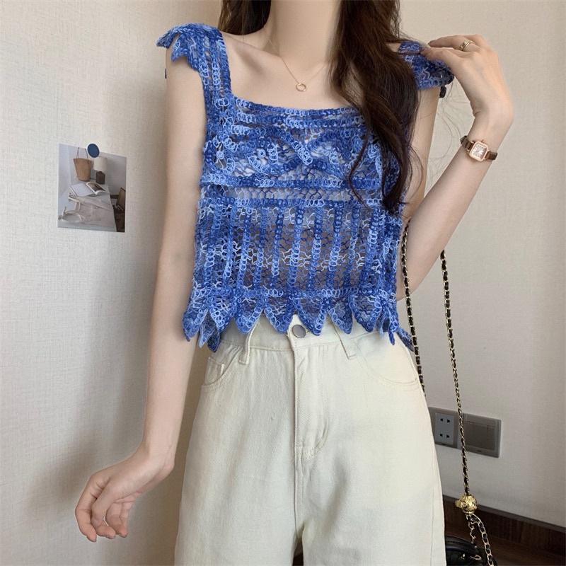 Áo 2 dây nữ mùa hè, áo 2s cánh tiên sợi móc sắc màu đi biển 2023