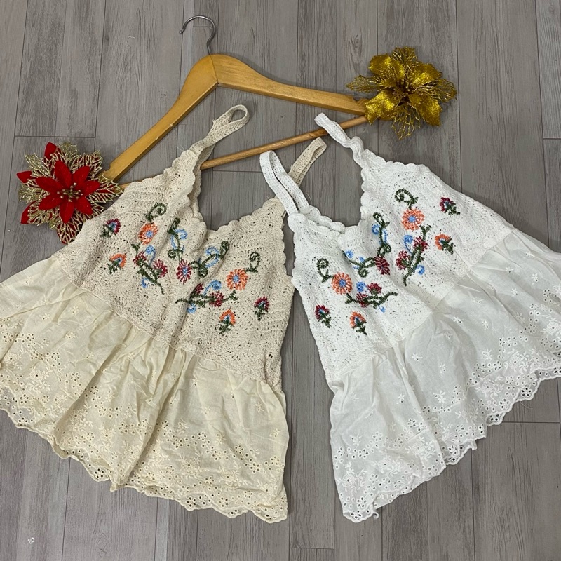 Áo 2s babydoll len móc phối vải boi thoáng mát, áo 2 dây nữ mùa hè đi biển hàng QC