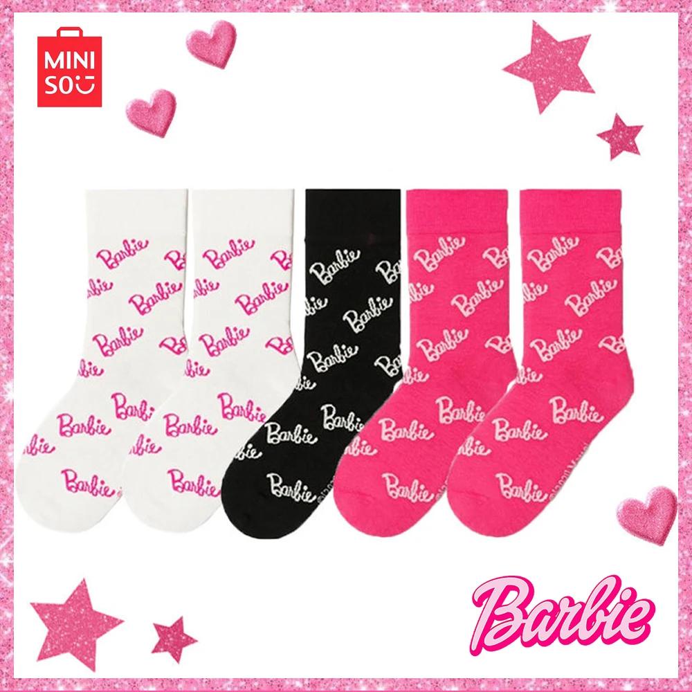 Miniso Đôi Vớ cotton Ngắn In Chữ barbie Màu Trắng Đen Hồng Thời Trang Cho Nam Nữ