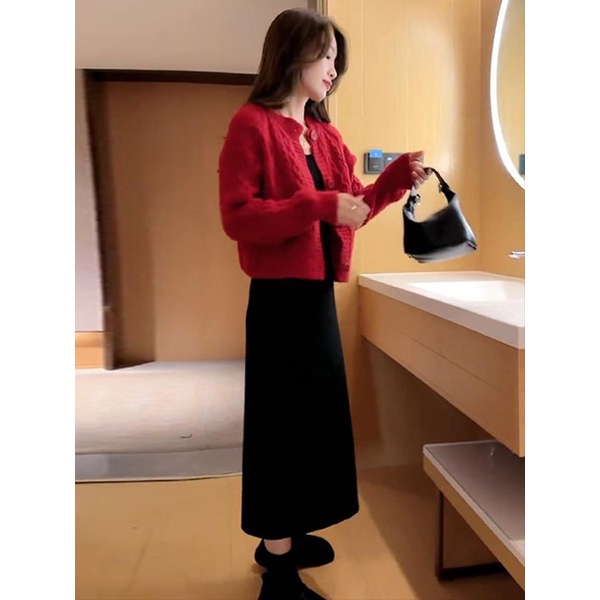 Bộ Áo cardigan Dệt Kim Tay Dài Màu Trơn Phối Chân Váy Cài Nút Thời Trang Mùa Thu 2023