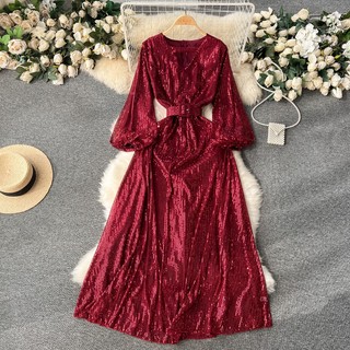 Đầm midi Chữ a Dáng Rộng Eo Cao Tay Phồng Cổ Tròn Đính Kim Sa Lấp Lánh Thời Trang Xuân Thu Cổ Điển Cho Nữ