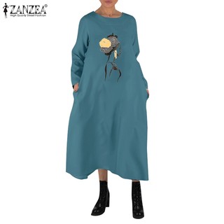ZANZEA Đầm Chữ a Tay Dài Cổ Tròn In Họa Tiết Phong Cách vintage Dành Cho Nữ