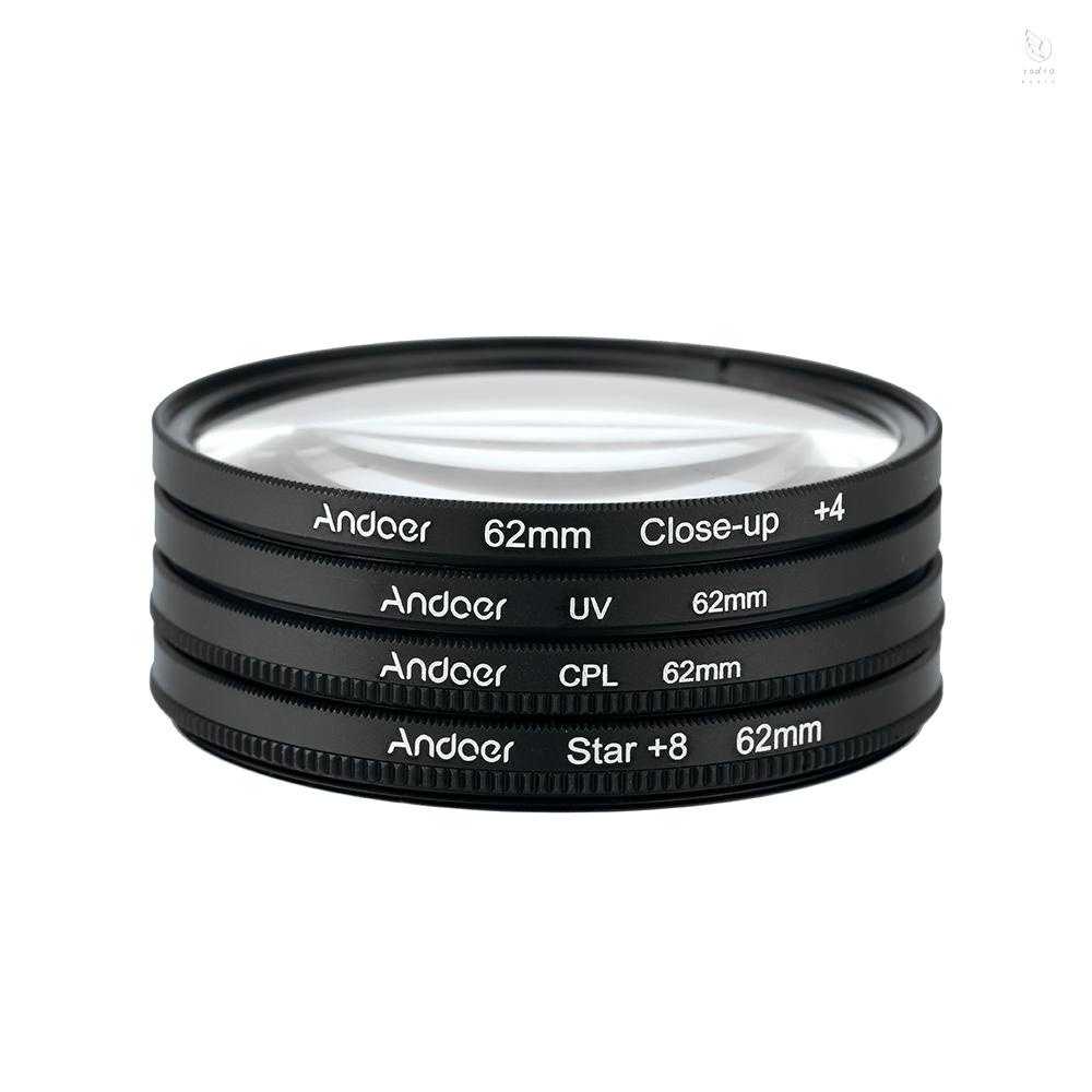 Andoer 62mm UV+CPL+Close-Up+4 +Star 8-Point Filter Circular Filter Kit Circular Polarizer Filter Macro Close-Up Star 8-Point Filter with Bag for  Canon Pentax  DSLR Camera