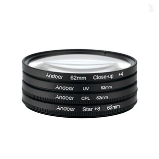 Andoer 62mm UV+CPL+Close-Up+4 +Star 8-Point Filter Circular Filter Kit Circular Polarizer Filter Macro Close-Up Star 8-Point Filter with Bag for Canon Pentax DSLR Camera