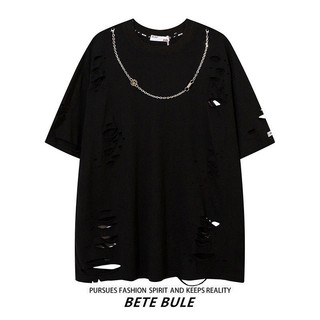Fashion Brand Original Niche Design Knife Ripped round Tie Necklace Short Sleeve T-shirt Men's Summer Versatile Half Sleeve a9lm