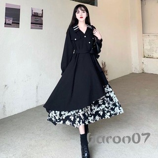 Đầm Dài Nữ Vintage Thanh Lịch Dài Tay Cổ Chữ V In Hoa Chắp Vá Đầm Xoay Đầm Thường Ngày
