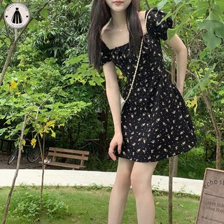 Hormoo Váy tay phồng cổ vuông cổ vuông kiểu Pháp có eo thon gọn và váy dài vừa phải