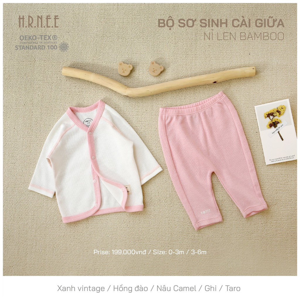 Bộ Hrnee sơ sinh nỉ len cài giữa cho bé