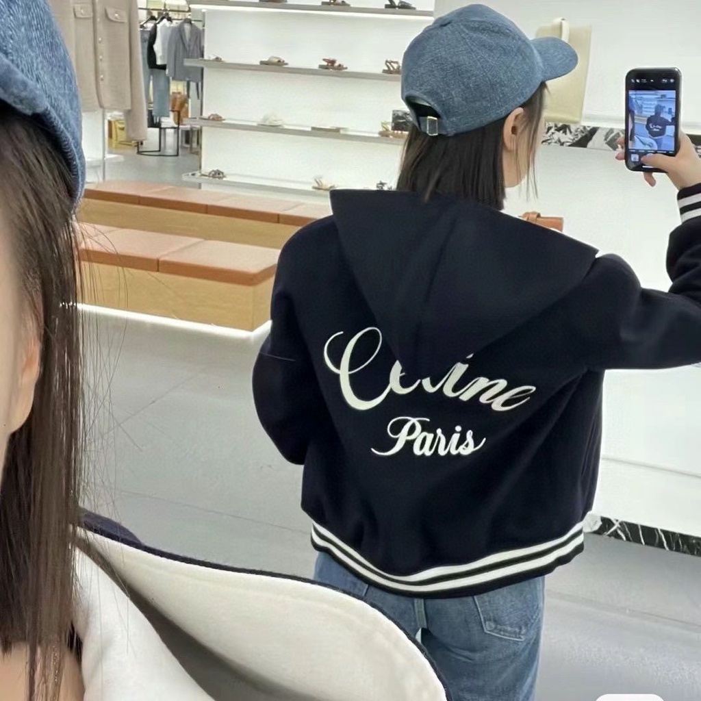 CE 2023 autumn embroidered logo casual hooded coat contrast color ribbon hooded coat baseball coat