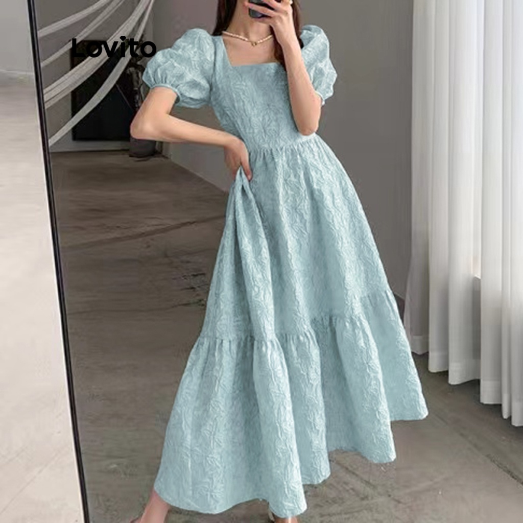 Đầm Lovito họa tiết hoa xếp nếp tay phồng thời trang thường ngày cho nữ LNE13085 (Xanh lá)