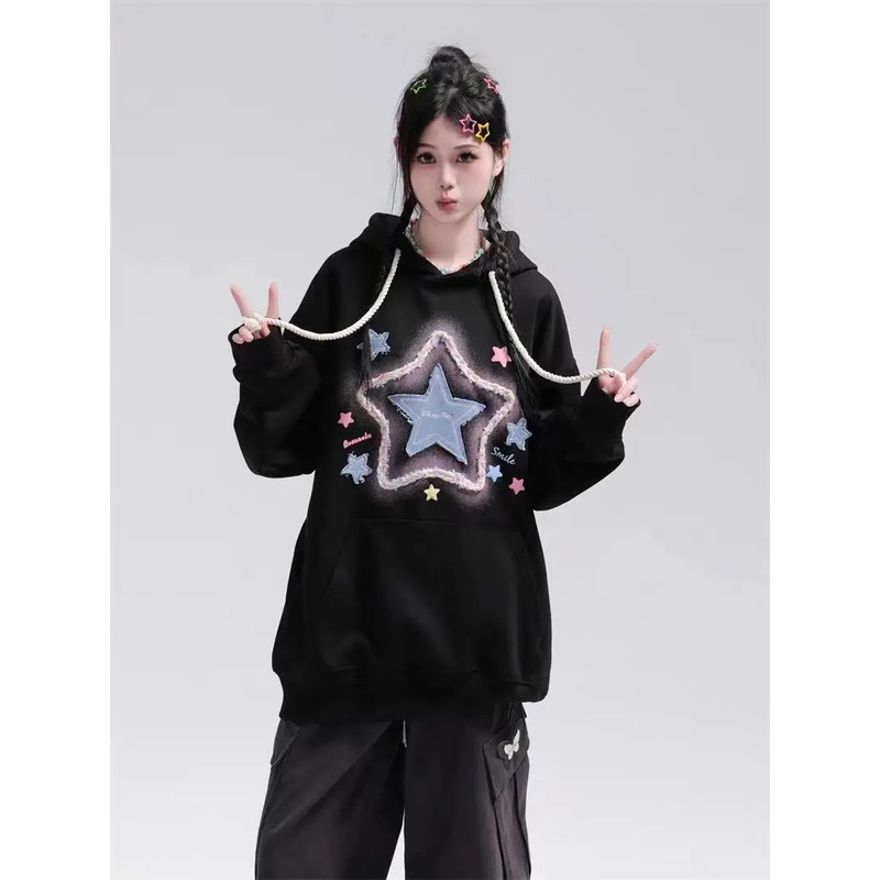 Áo Hoodie 100% cotton Họa Tiết Thêu Ngôi Sao Thời Trang Mới Cho Nữ