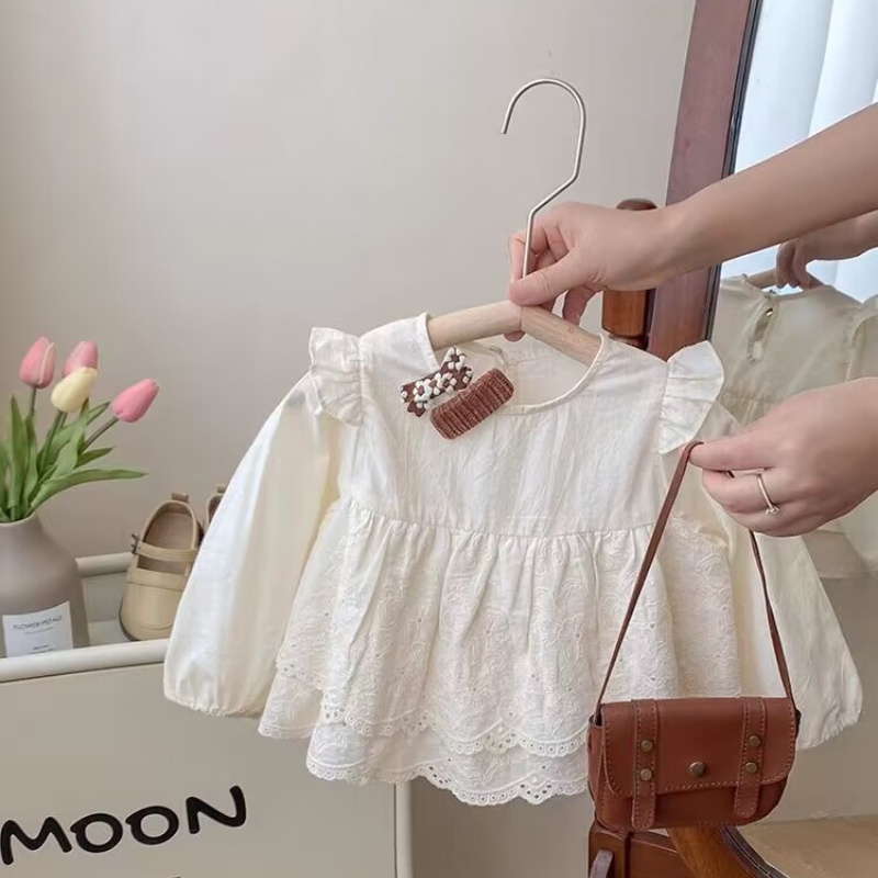 Áo Tay Dài Phối Ren Dễ Thương Cho Bé Gái 1-7 Tuổi