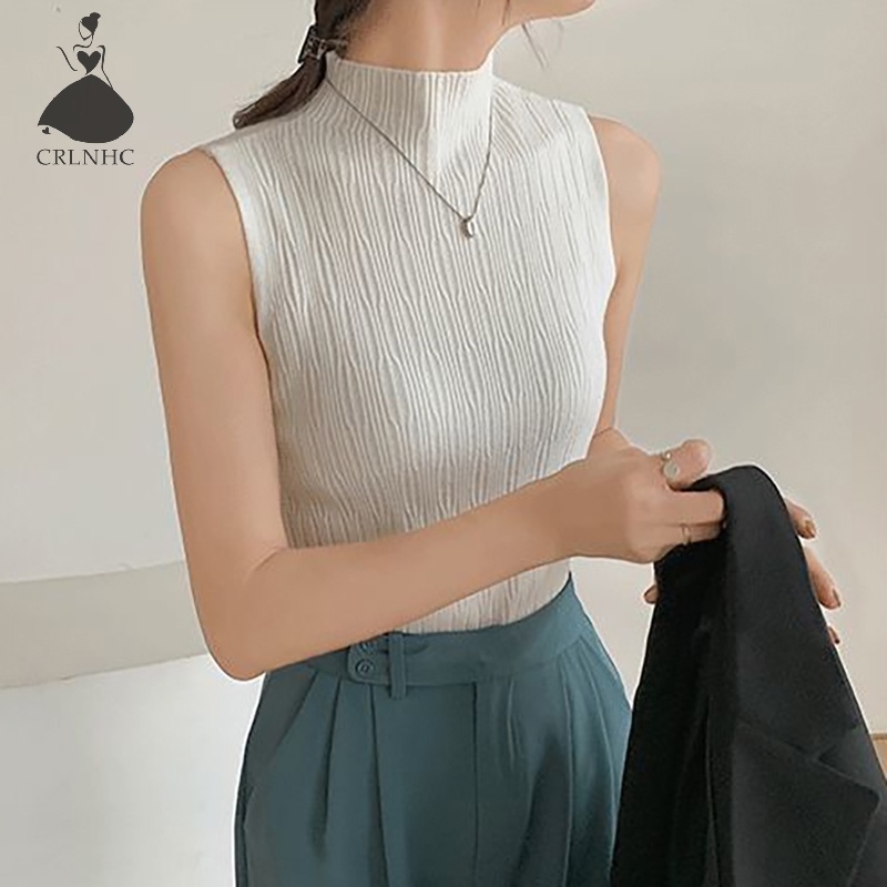 Áo Dệt Kim Sát Nách Cổ Lọ Màu Trơn Thời Trang Mùa Hè Cho Nữ vn