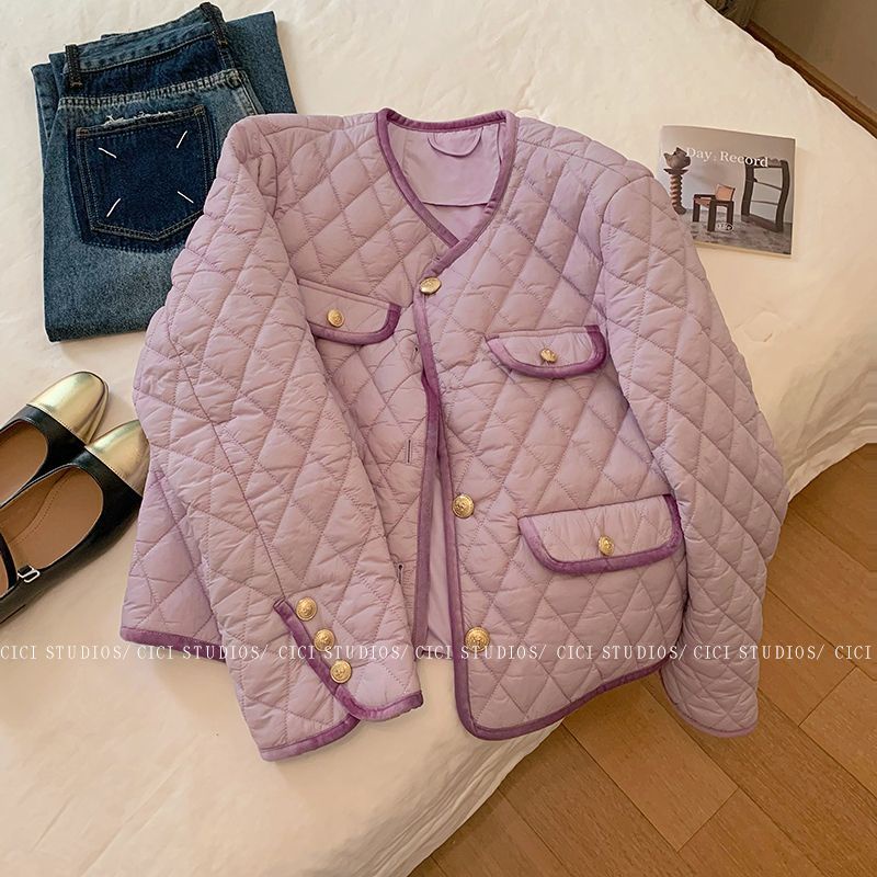 Fragrant taro Áo Khoác Phao Lót cotton Nhẹ Dáng Ngắn Phối Kim Cương Tím Thời Trang Mùa Đông 2023