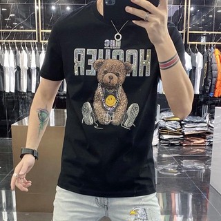 Áo Nam Làm Nóng Kim Cương Mặt Cười Ngồi Gấu Tay Ngắn Thoáng Khí Cotton Đáy Áo Bé Trai Bé Gái Áo