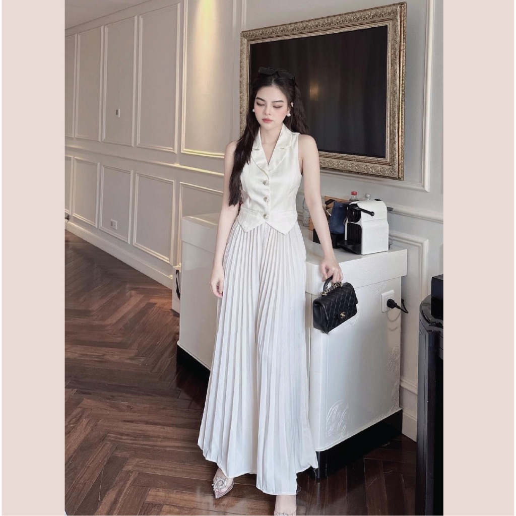 SET040- Set áo trắng mix CV dập ly 2 lớp dáng midi