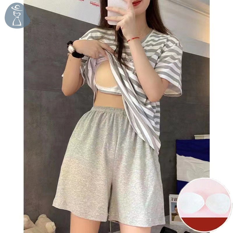 Bộ Đồ Ngủ Áo Thun Tay Ngắn Kẻ Sọc Màu Trơn Có Đệm Ngực Và Quần Ngắn Mặc Ở Nhà