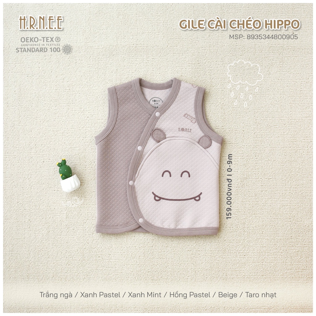 H.R.N,E.E -  Áo gile trần bông cài chéo Hippo cho bé trai bé gái từ 0m đến 6-9m