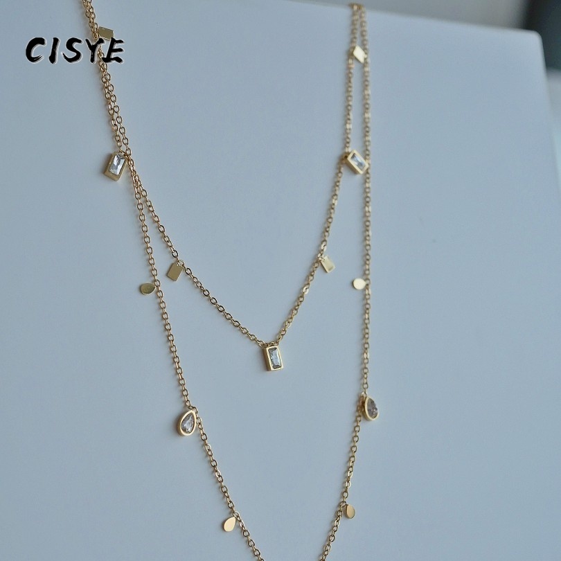 Vòng cổ Thép Titan Mặt Hình Vuông / Tam Giác / Giọt Nước Đính Đá zircon Kiểu retro