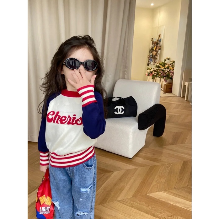 Áo Khoác Sweater Dệt Kim Phối Màu Tương Phản Thời Trang Xuân Thu 2023 Phong Cách Hàn Quốc Cho Bé Gái