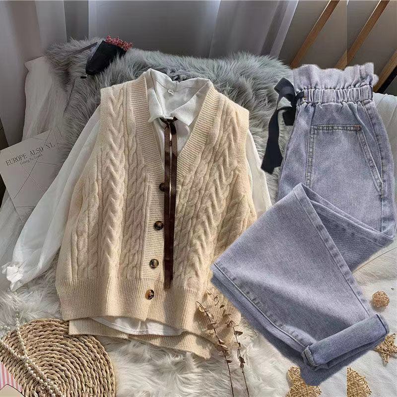 Set Áo Khoác Ghi Lê + Áo Sơ Mi Thắt Nơ + Quần jeans Lưng Cao Thời Trang Cho Nữ
