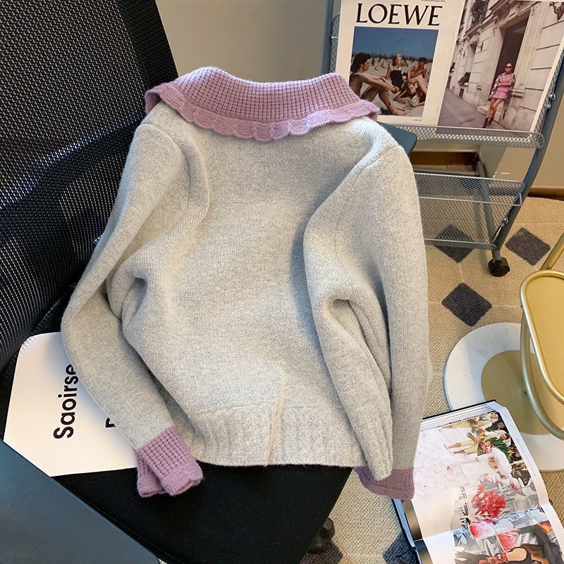 Áo sweater Dệt Kim Cổ Búp Bê Màu Tương Phản Thời Trang Thu Đông 2021 Mới Cho Nữ