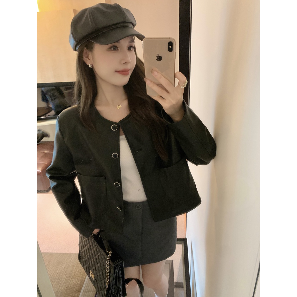 Lisynn Áo Khoác Da pu Dài Tay Phong Cách retro Cho Nữ