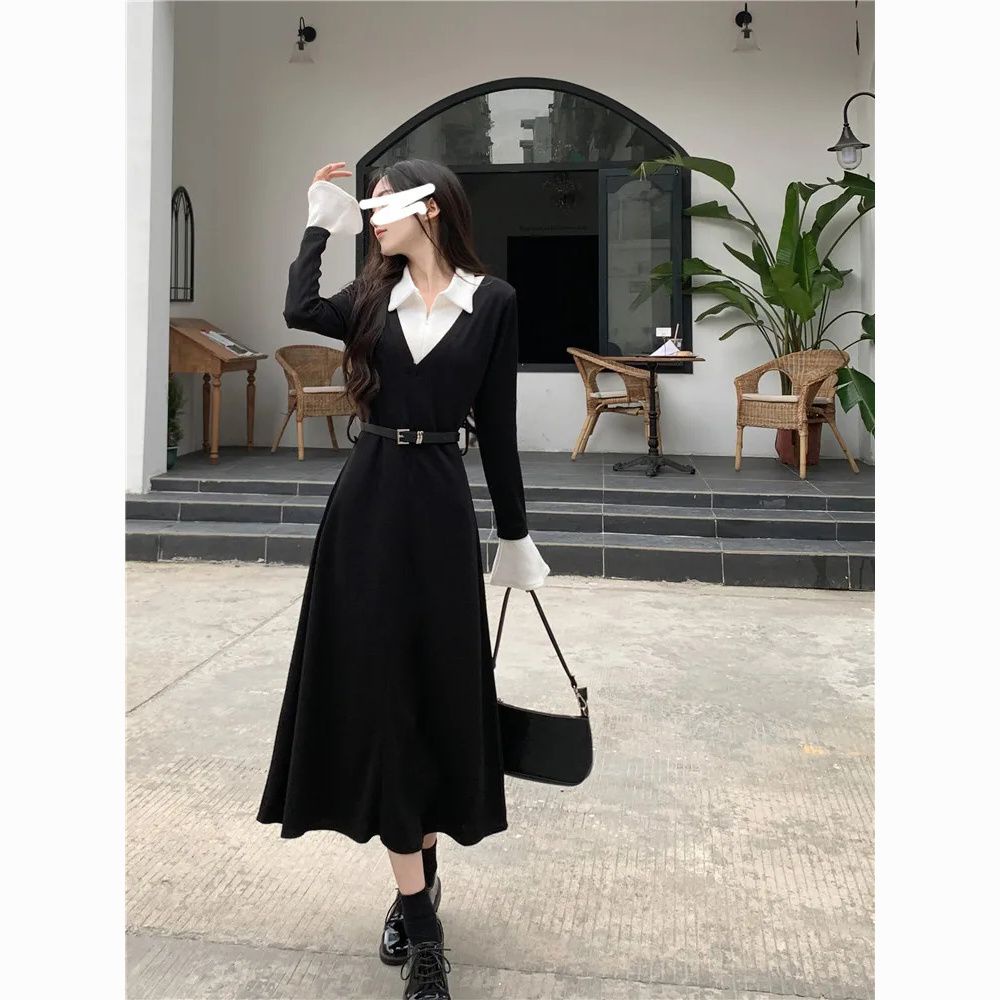 Cozok Đầm Tay Dài Phối Màu Thời Trang Ôm Eo