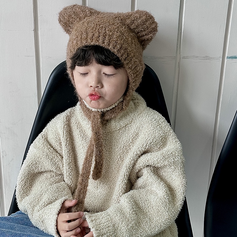 Mũ Len Dệt Kim Che Tai Chống Gió Ấm Áp Hình Tai Gấu Nhỏ Dễ Thương Phong Cách Hàn Quốc Cho Bé