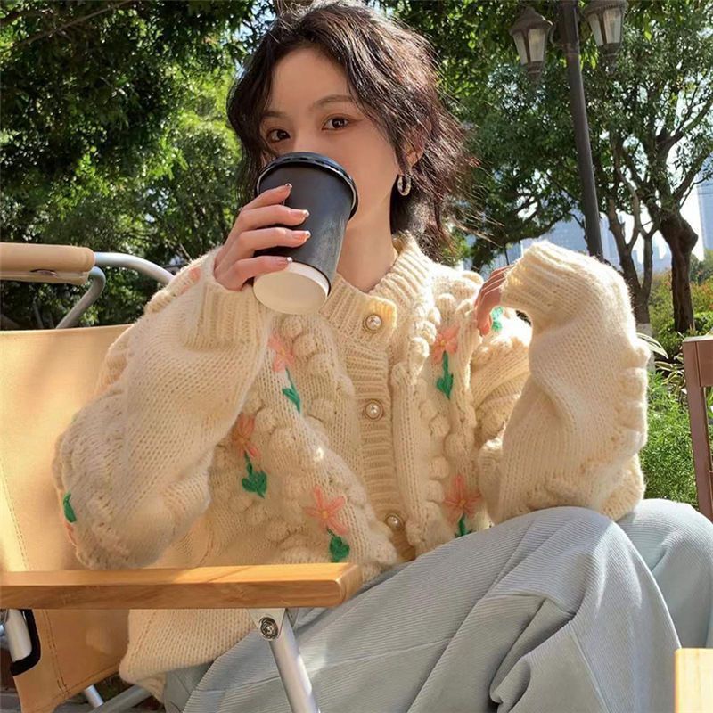 Women's sweater Spring and Autumn 2023 new retro heavy industry crochet design sense niche pink sweater coat for women