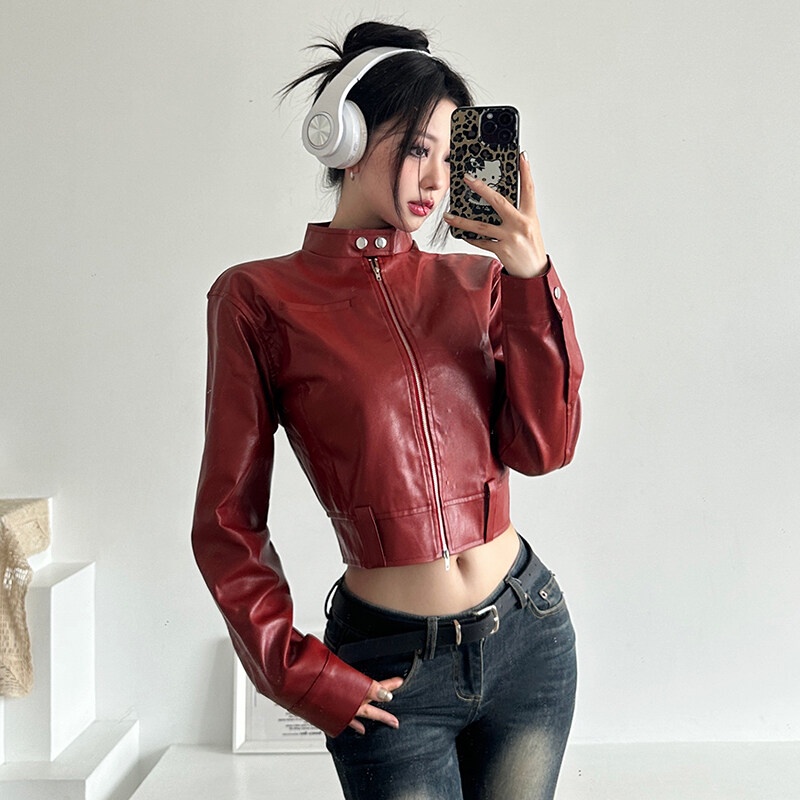 Weird Puss Áo Khoác Da pu Tay Dài Dáng Rộng Có Khóa Kéo Phong Cách Đường Phố Thời Trang Mùa Thu Cho Nữ