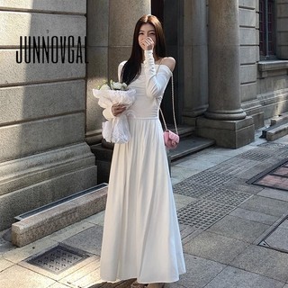 JUNNOVGAL Nữ Midi Đầm Plus Size Tắt Vai Màu Trơn Thời Trang Phong Cách Mới Ôm Vừa Tay Dài