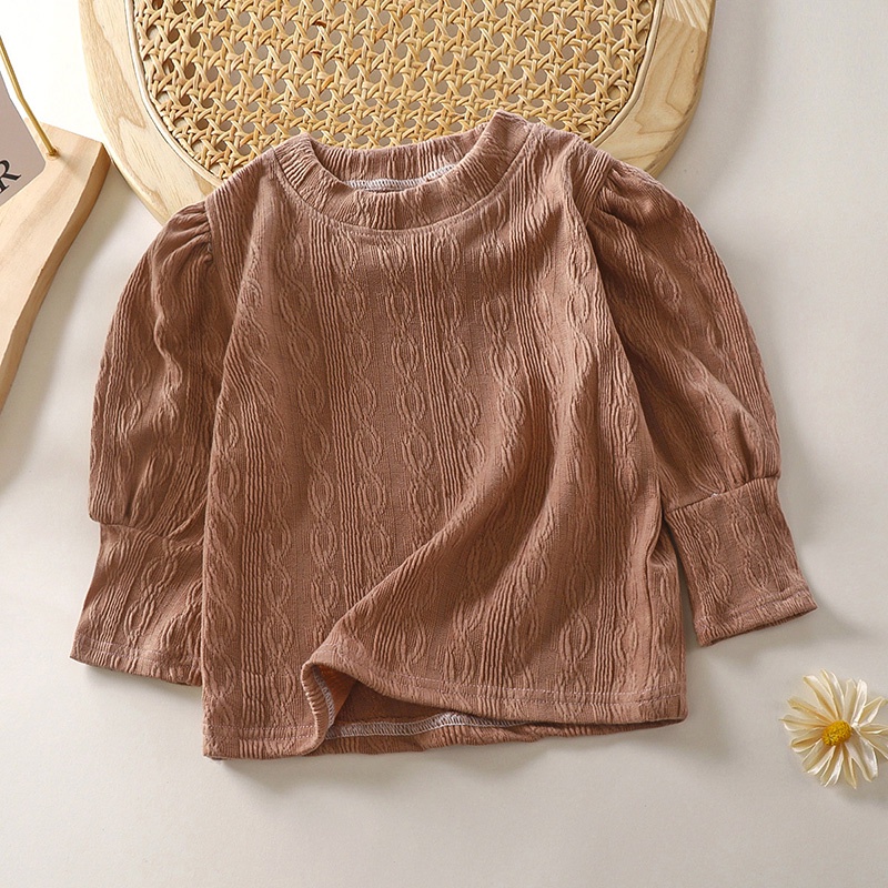 Áo Thun Tay Phồng Dài Cổ Tròn Màu Trơn Thời Trang Xuân Thu Phong Cách Hàn Quốc Cho Bé Gái 3-7 Tuổi