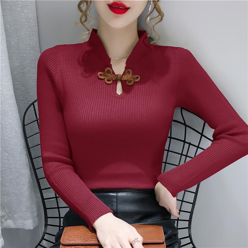 Áo sweater Dệt Kim Tay Dài Dáng Ôm Phong Cách retro Dành Cho Nữ
