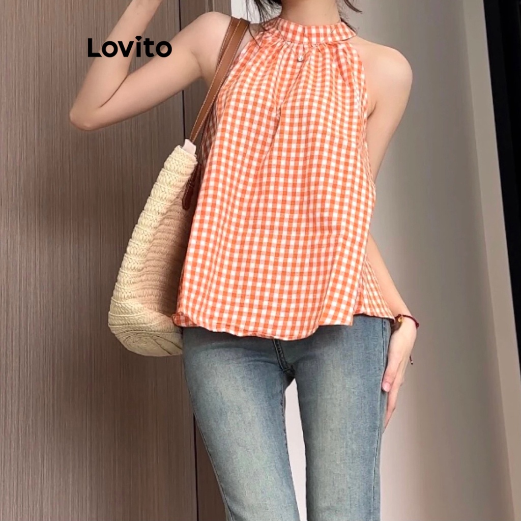 Áo sát nách Lovito xếp nếp kẻ ô thường ngày cho nữ LNE20166 (Màu cam)