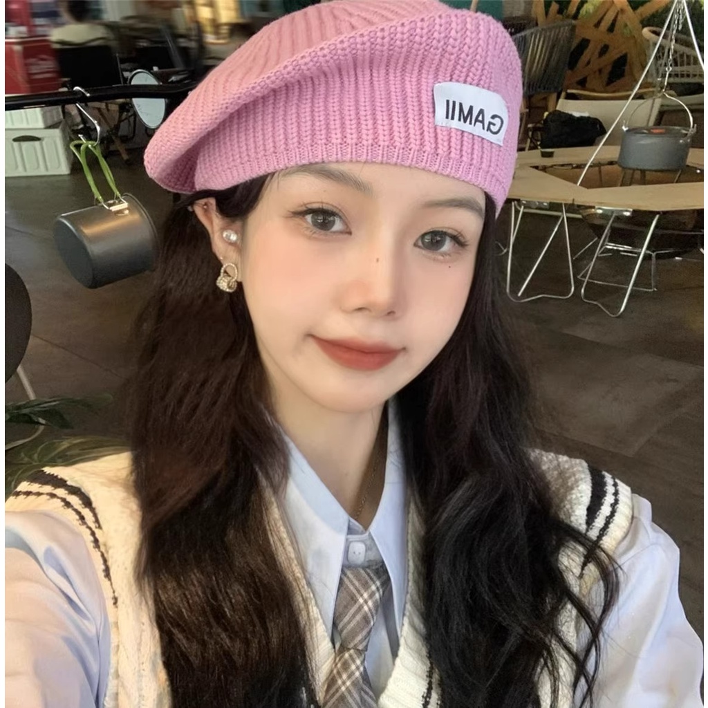 Mộc® Mũ beret len mềm tag chữ Ganni phong cách ulzzang Hàn mới