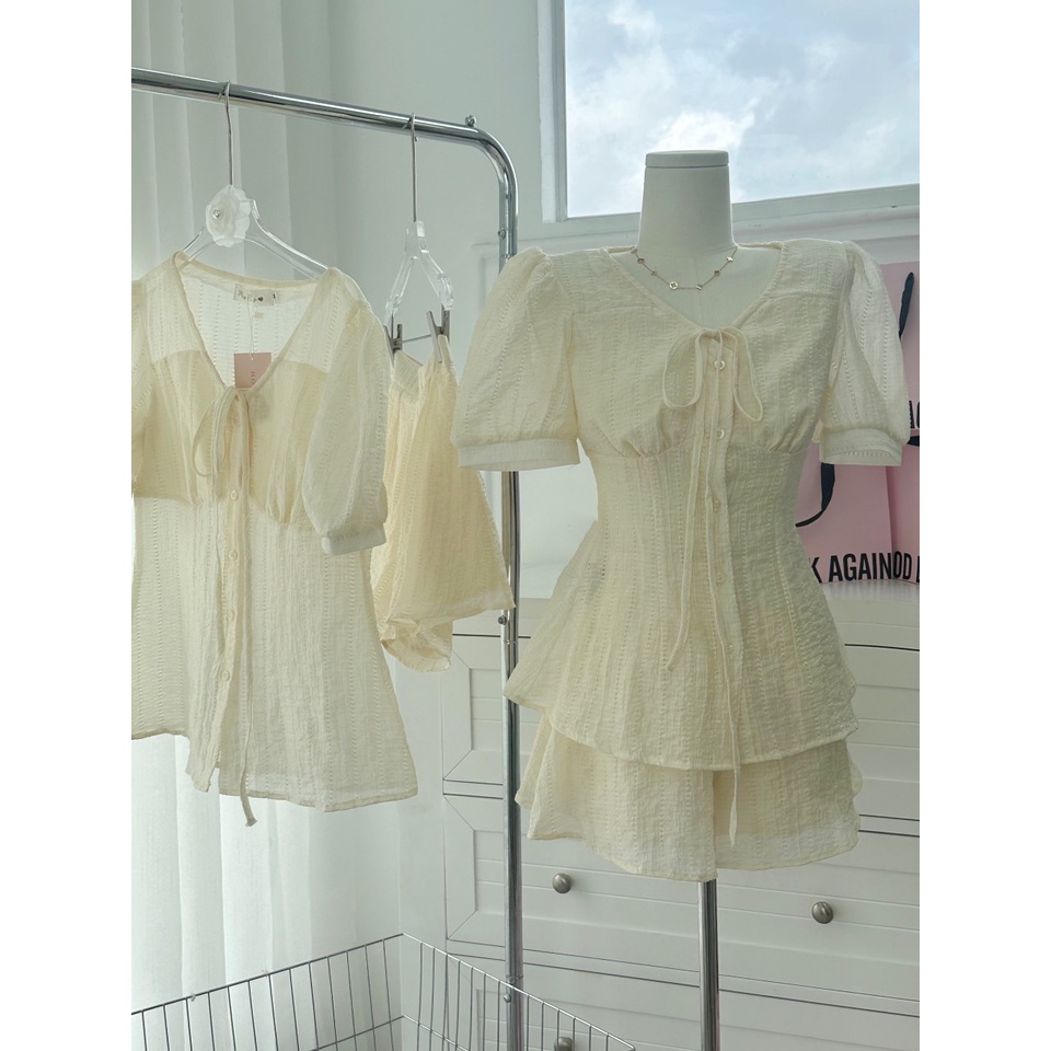 SET ÁO NUDE CỔ V THẮT NƠ + SHORT
