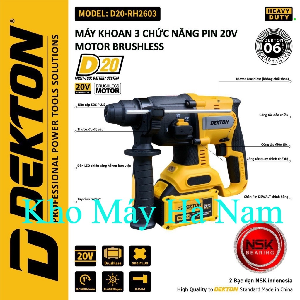Máy Khoan Bê Tông Dùng Pin Dekton D20-RH2603 dekton 3 Chức Năng. Motor Brushless .Chân Pin DEWALT.Tặng Sạc ĐL HÀ NAM