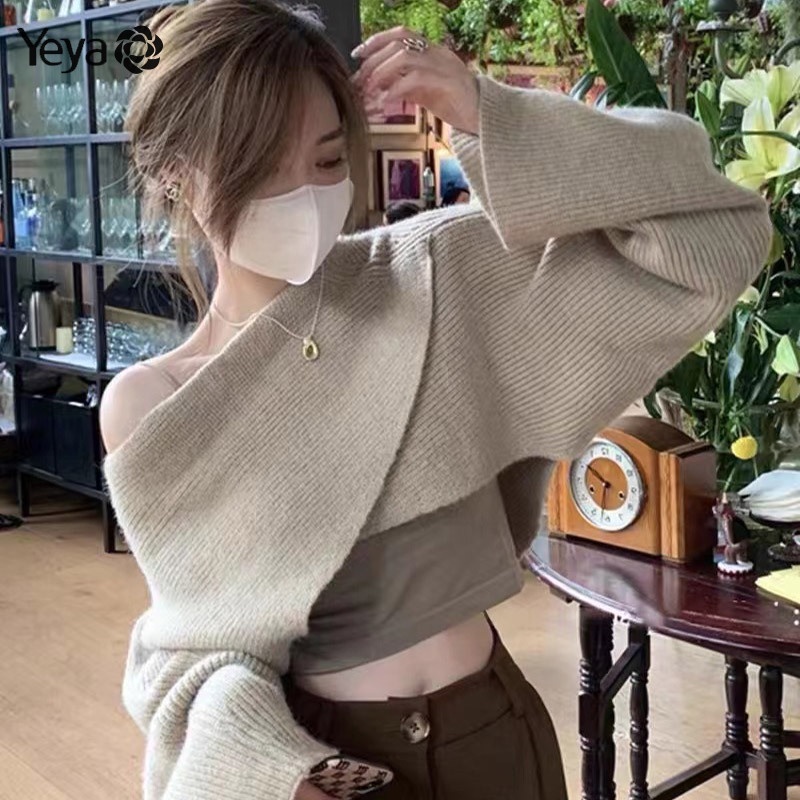 Áo sweater Dệt Kim Dáng Rộng Trễ Vai Thiết Kế Đơn Giản Cho Nữ