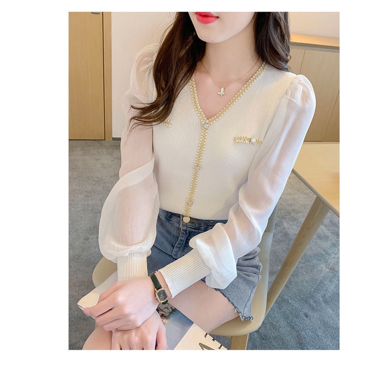 Áo Sơ Mi chiffon Dệt Kim Tay Dài Cổ Chữ v Thời Trang Mùa Thu Dành Cho Nữ