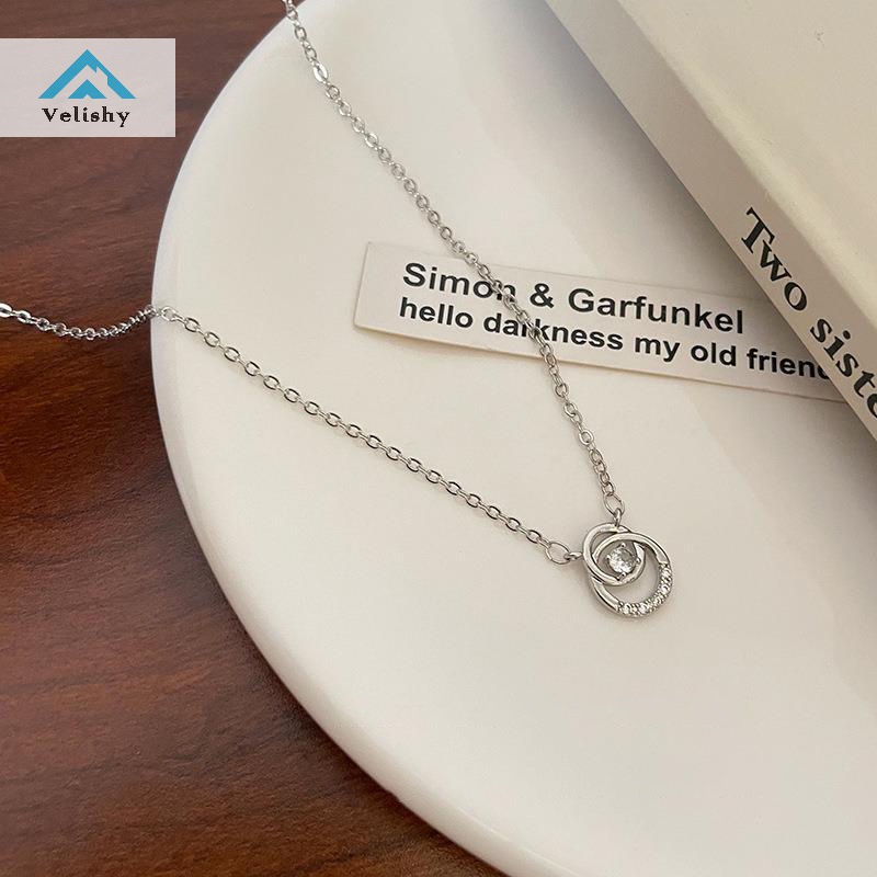 Velishy Vòng cổ Mặt Tròn Đính Đá zircon Màu Bạc Đơn Giản Dễ Phối Đồ Thời Trang Cho Nữ