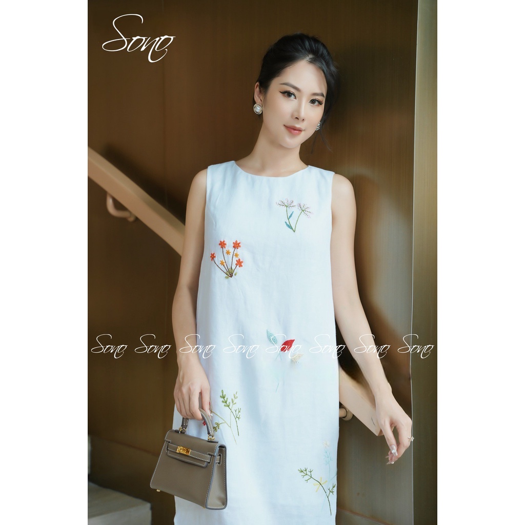 SONO - Đầm linen navy thêu toàn thân